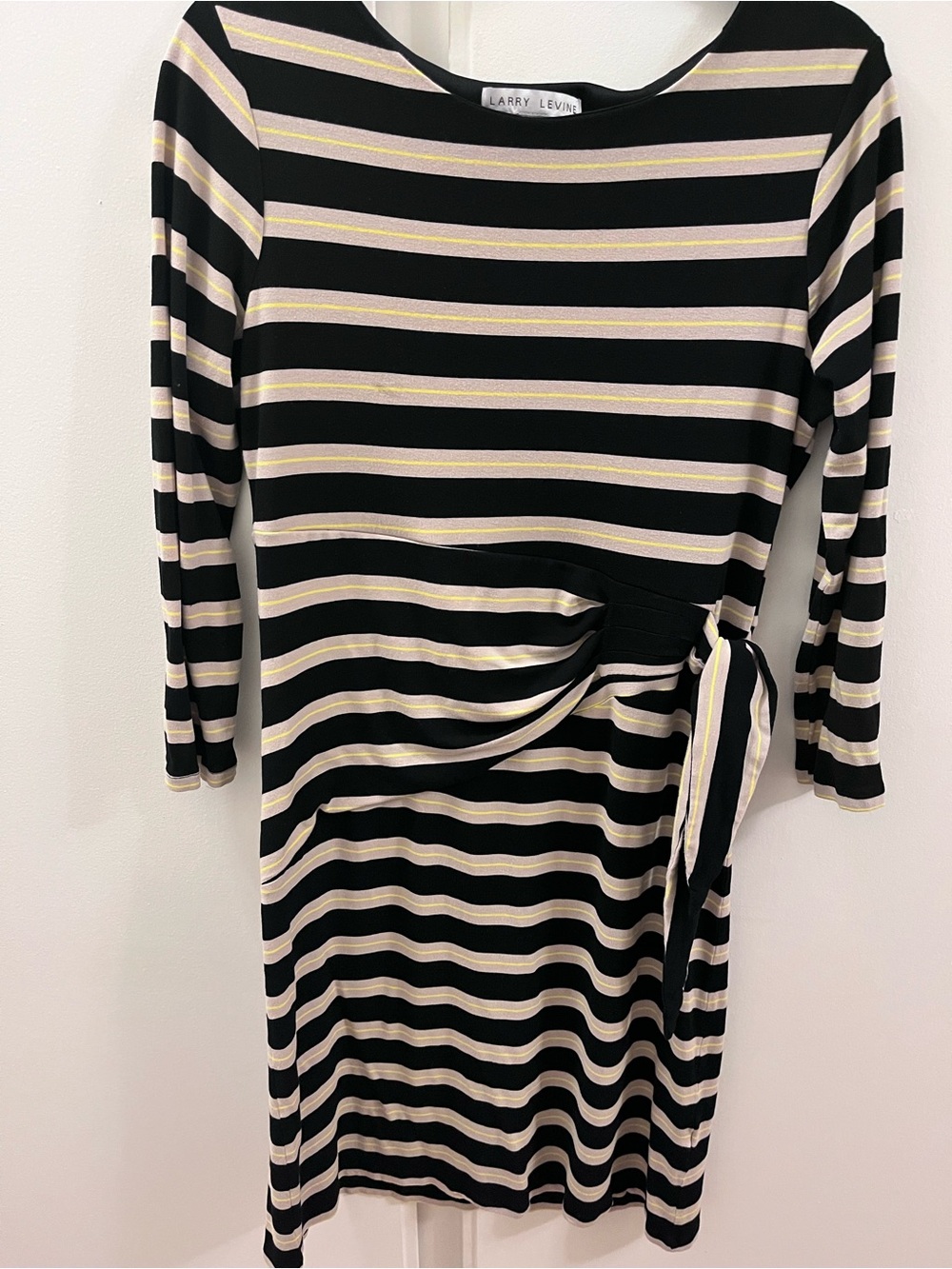 Larry Levine Black Beige and Yellow Striped Dress with Ruched Tie Waist - Size M